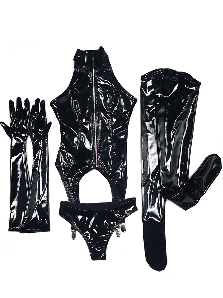 4PCS/SET Wet Look PVC Catsuit  - Garter Belt Set review and price